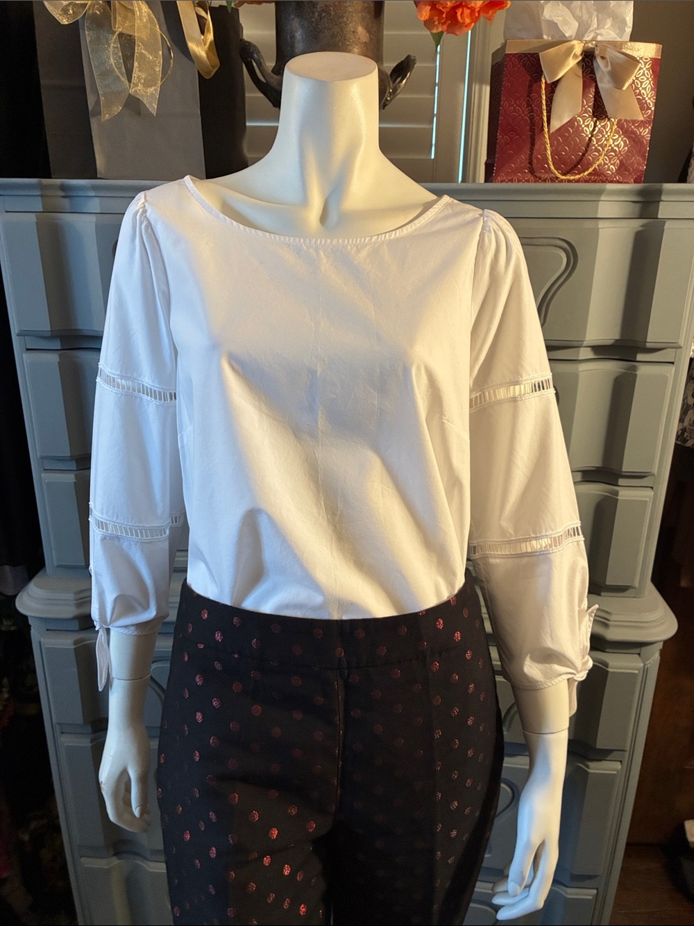 💟 Talbots White Cotton Tie-Sleeve with crochet ladder detail Boatneck Top Small